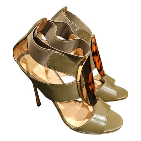 SERGIO ROSSI Olive/Tortoise‎ Sandals Heels - Size 37/7 - Picture 2 of 9